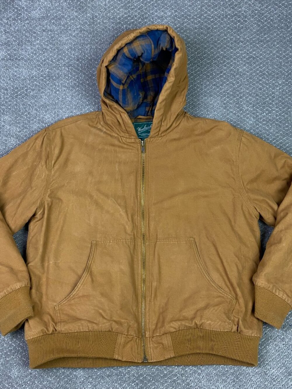 Woolrich Canvas Jacket Mens Large Brown Green Label Collection Hood Plaid Lined